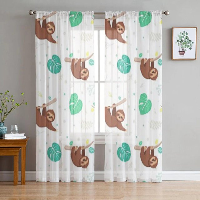 Transparente Tüll-Vorhänge von A Family Of Home Textiles mit tropischen Blättern und Faultieren, Farbe: Transparent/Weiß, B: 135 cm, H: 137 cm - Bild 1