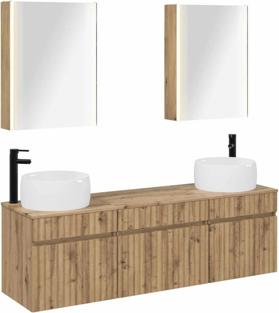 vidaXL Badezimmerschrank-Set aus 5 Teilen in Artisan-Eiche, braun, mit LED-Spiegelschrank und Waschtischunterschrank, B/T/H: 53 x 15,5 x 70 cm - Bild 1