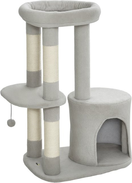 PawHut Kratzbaum Spielturm für 1-2 Katzen mit Höhle und Spielzeug, Hellgrau, Höhe: 90 cm - Bild 1