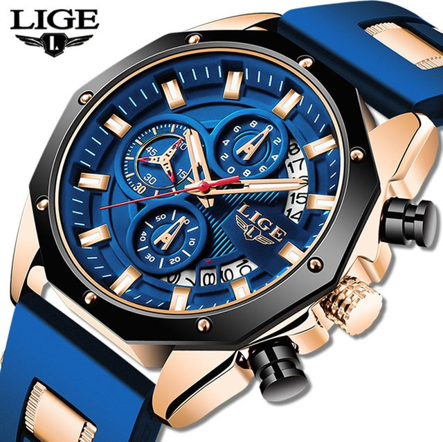 LIGE Armbanduhr Chronograph, Quarz, Silikon, Schwarz, Herren - Bild 1