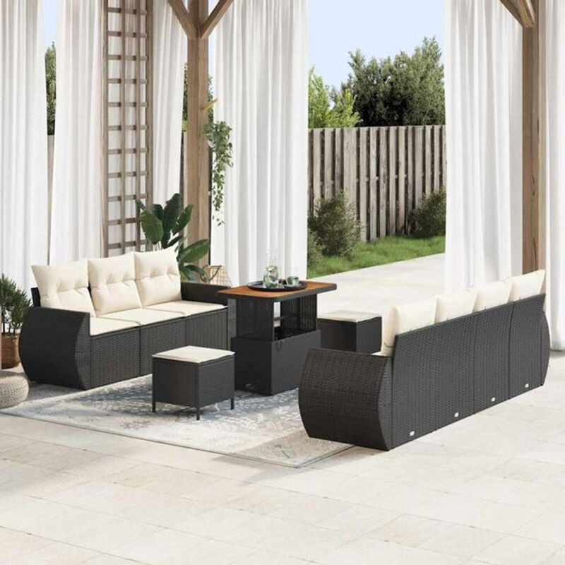 vidaxl Gartensofa-Set aus Polyrattan mit 10 Kissen in Schwarz und Creme - Bild 1