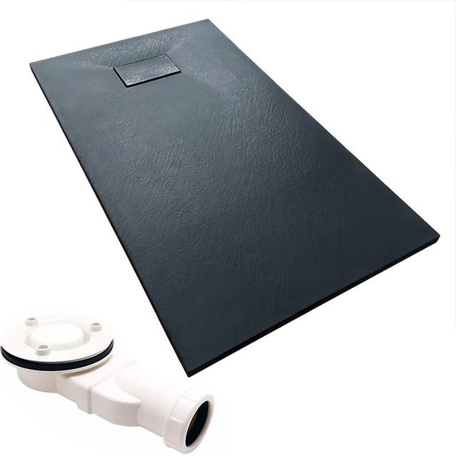 KOLMAN Duschwanne rechteckig aus Verbundwerkstoff in Schwarz Steinoptik inklusive Ablaufgarnitur B/T: 140 x 90 cm, Höhe: 3,2 cm - Bild 1
