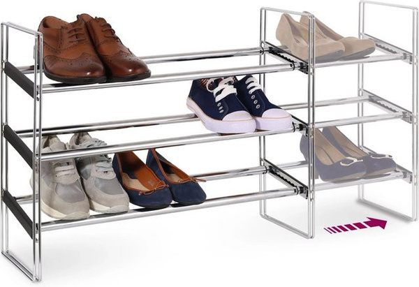 Domopak Living Schuhregal aus Metall mit 3 Ebenen, ausziehbar, Farbe Silber, Breite: 64 cm bis 119 cm