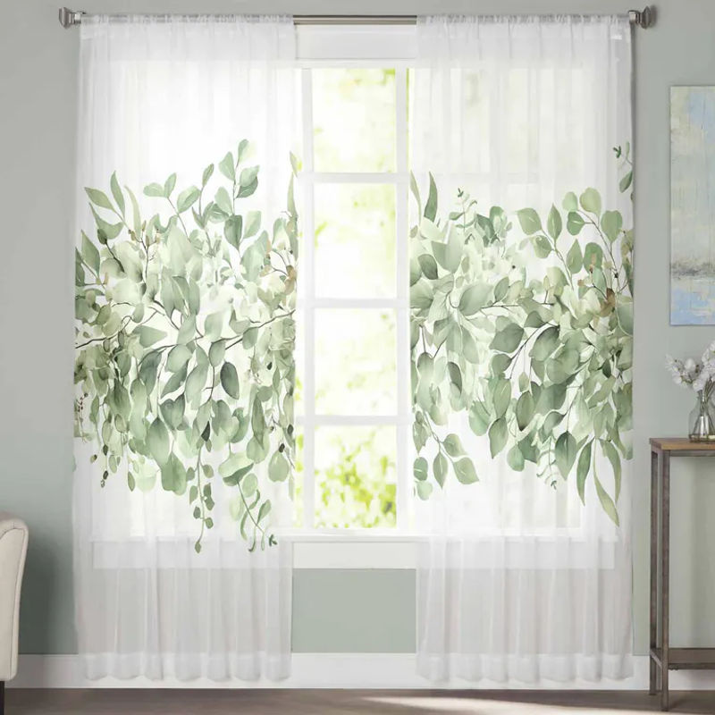 Super Six Transparentes Chiffon-Fensterdekoration mit Eukalyptus-Blatt Aquarell-Print, Farbe: Weiß, Breite: 135 cm, Höhe: 114 cm - Bild 4