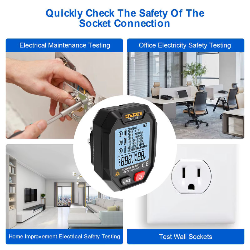 HYTAIS Digitaler Steckdosentester in Schwarz mit Hintergrundbeleuchtung zur Prüfung von Polarität, Phasen, Nullleitung und Batterieleistung für EU, US und UK Stecker - Bild 3