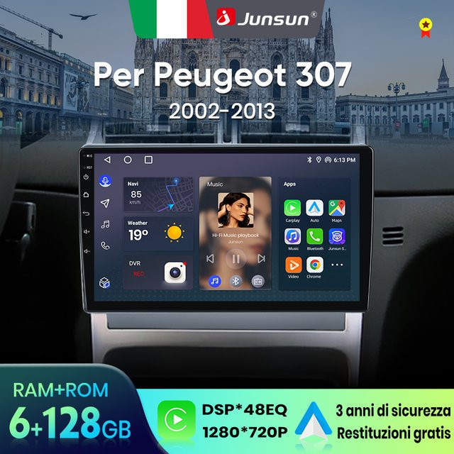 Junsun Android 13 Autoradio für Peugeot 307 (2002-2013) mit 9 Zoll Display, 4GB RAM, 64GB Speicher, GPS, Carplay, Bluetooth, DSP und Rückfahrkamera Unterstützung, Schwarz - Bild 1