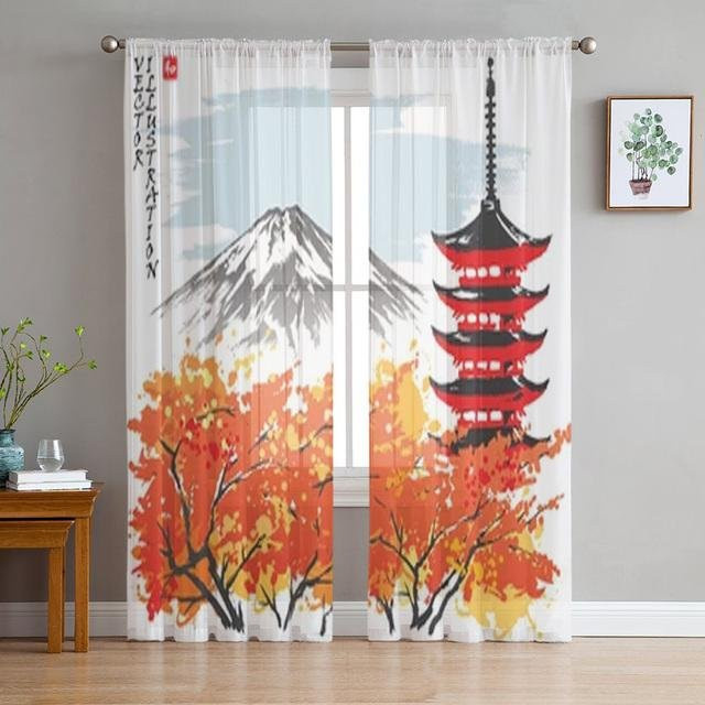 A Family Of Home Textiles Semi-transparente Tüllvorhänge mit japanischem Blumenmuster in Multicolour, Breite: 135 cm, Höhe: 114 cm - Bild 1