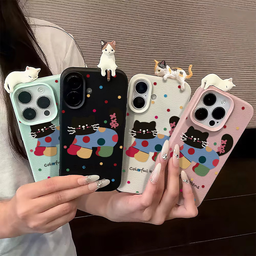 Stoßfeste iPhone Schutzhülle mit 3D-Katzen-Lychee-Muster in Multicolour - Bild 3