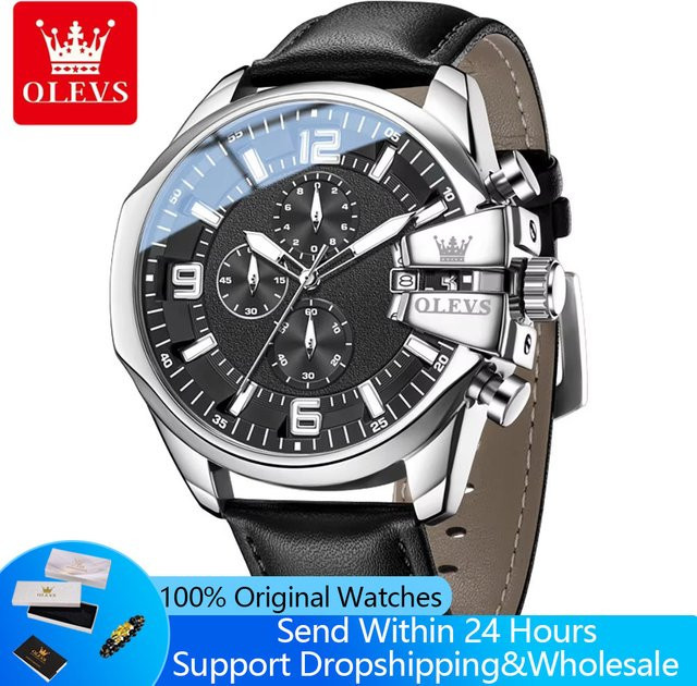 OLEVS Chronograph, Armbanduhr, Quarz, Edelstahl, Leder, 52 mm, Herren - Bild 1