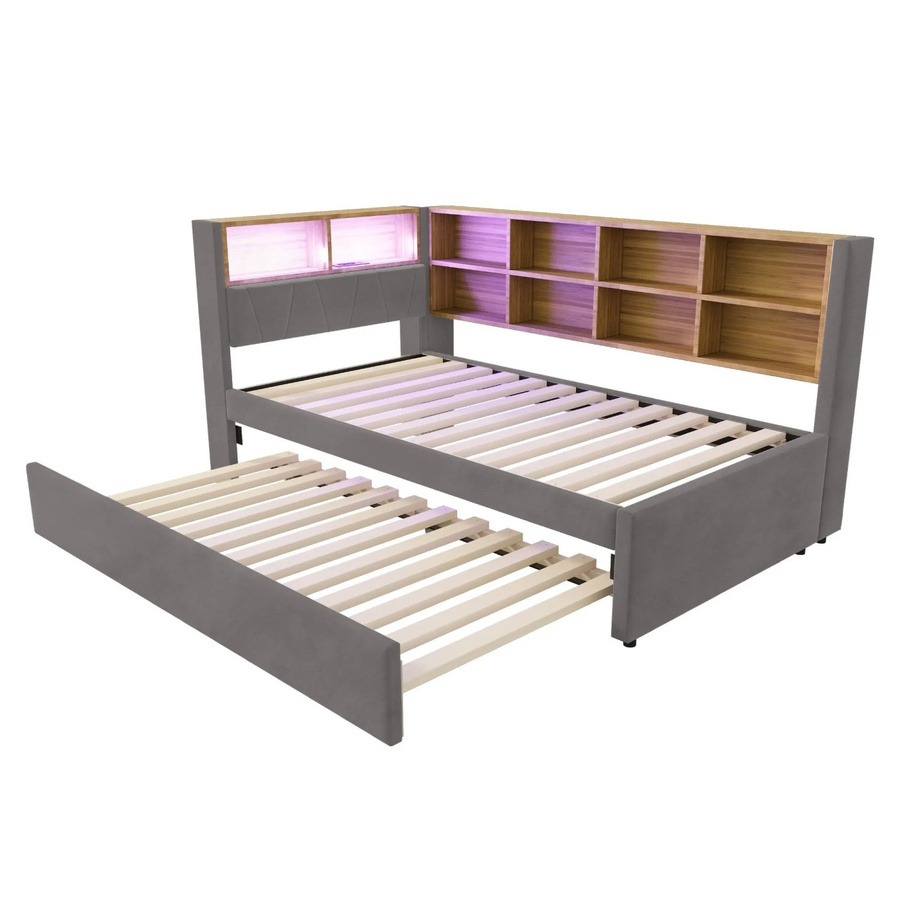 Merax Schlafsofa mit Ausziehschublade und LED-Beleuchtung sowie USB-Ladeanschluss, Dunkelgrau, B/T/H: 90 x 200 x 103 cm - Bild 2