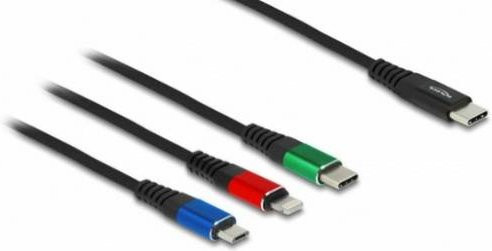 Delock USB 2.0 Kabel mit USB-A, USB-C und Apple Lightning Steckern in Schwarz, Länge: 0,30 m - Bild 1