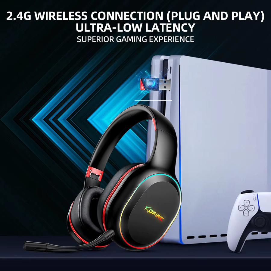 Kofire UG-05 Gaming Kopfhörer mit 2,4G Wireless, Bluetooth 5.0, Mikrofon, RGB-Licht und Vibration in Schwarz-Rot für PS4, PS5, PC und Switch - Bild 4