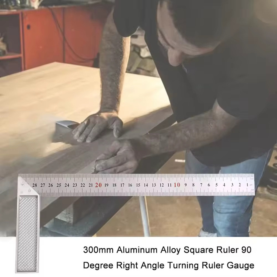 Quadratisches Lineal aus Aluminium mit Edelstahlskala und rechtem Messwinkel, Silber, Breite: 30 cm - Bild 2