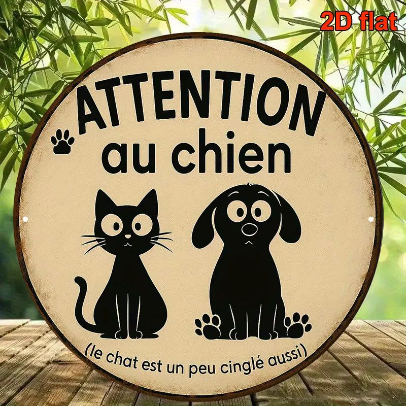 Potdemiel Rundes Vintage Warnschild Attention Au Chien mit Pfotenabdrücken Durchmesser: 20,3 cm - Bild 4