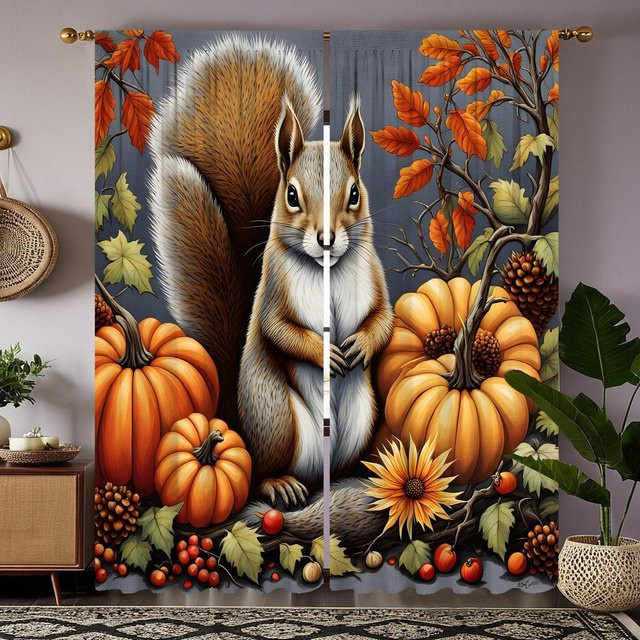 2er-Set dekorative Vorhänge mit Herbstmotiv Kürbis Eichhörnchen und Tannenzapfen in Schwarz und Multicolour, B: 132 cm, H: 160 cm - Bild 1