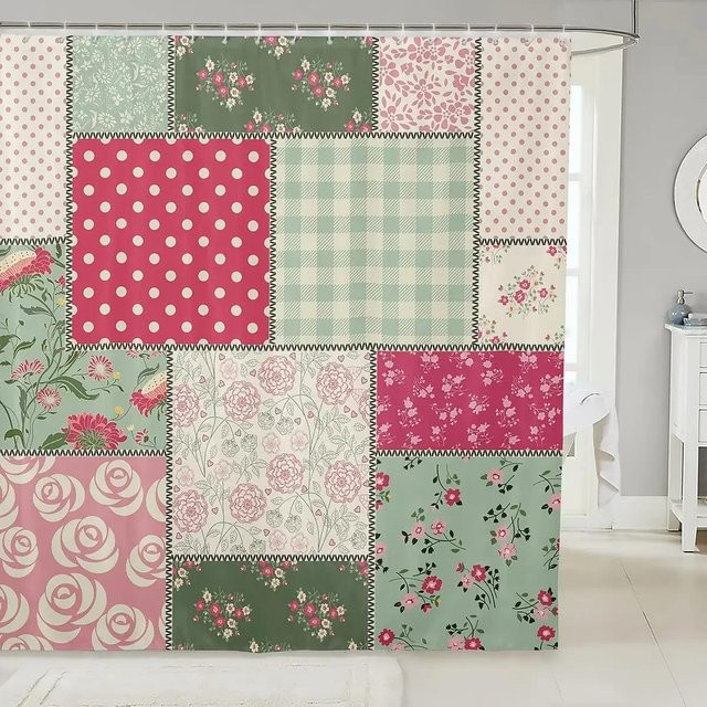 Wasserdichter Duschvorhang mit böhmischem Patchwork-Blumenmuster von Household supplies MH in Mehrfarbig, B/H: 180 x 180 cm - Bild 1