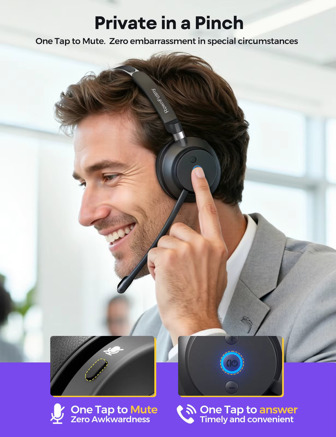 RownFusny R03 Wireless Call Center Headset mit Bluetooth 5.3 und USB-Rauschunterdrückungsmikrofon in Schwarz - Bild 4
