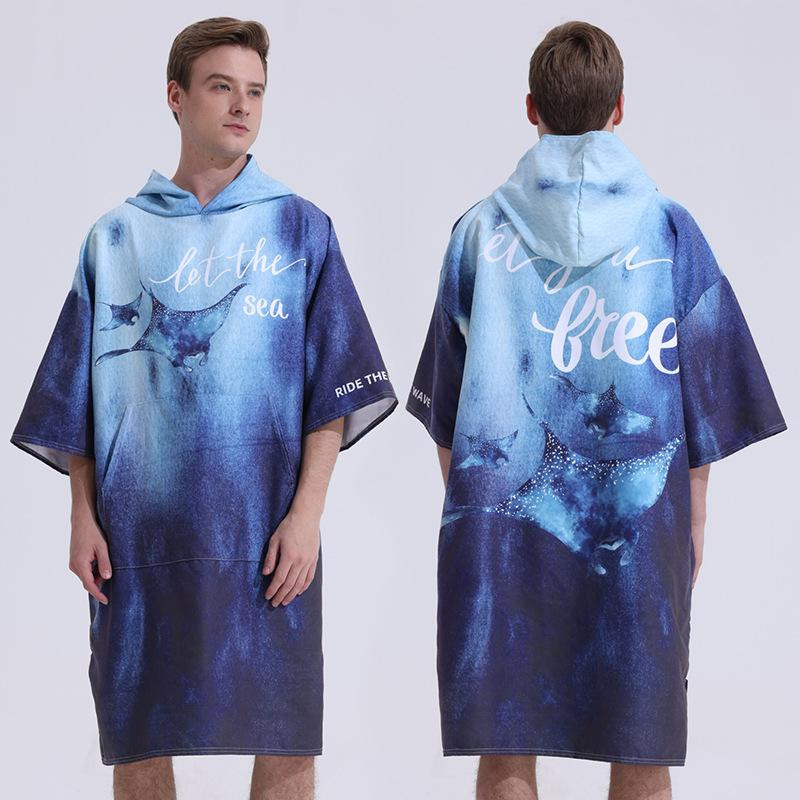Doppelseitiges Samt Strandtuch mit Kapuze und Ärmeln in Blau, Schnelltrocknender Surfer Umhang mit Taschen, B/H: 110 x 74 cm - Bild 3