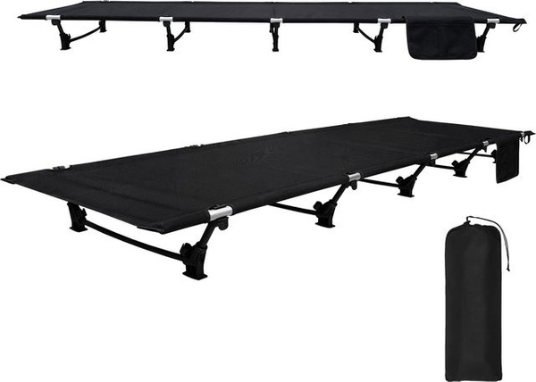 LIFEWITHCAMP Campingbett ultraleicht und kompakt, tragbares Klappbett aus Metall und Stoff in Schwarz mit Seitenfächern für Erwachsene