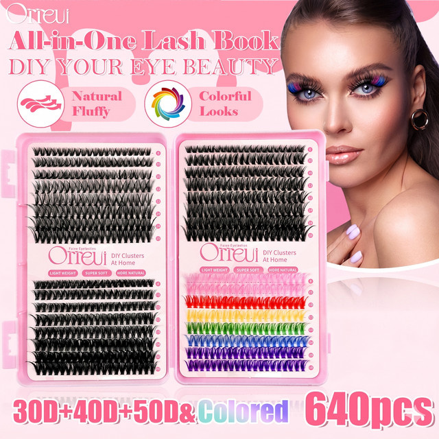 Orreu Wimpern-Cluster-Set, 640-teilig, D-Curl, 8-16mm, Natürlich & Farbig - Bild 1