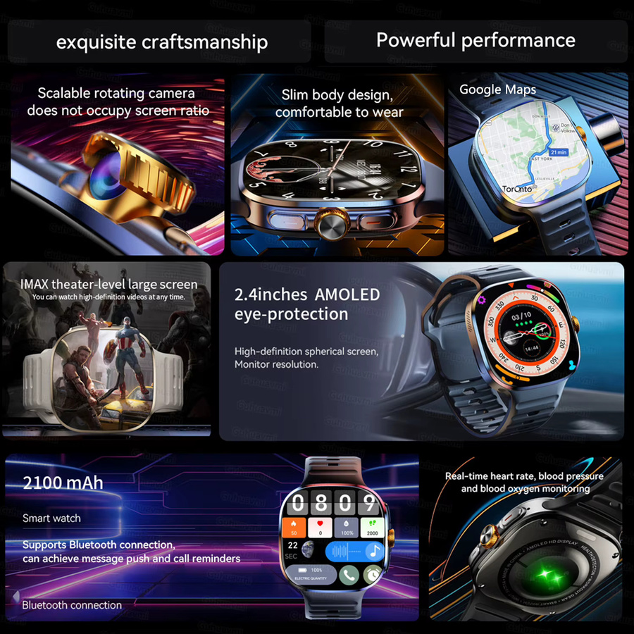 GUHUAVMI Android Smartwatch mit 2,4 Zoll AMOLED-Display, 5G/4G Vollnetzwerk, GPS, WLAN, Bluetooth und unabhängiger Anruffunktion in Gold oder Schwarz - Bild 2