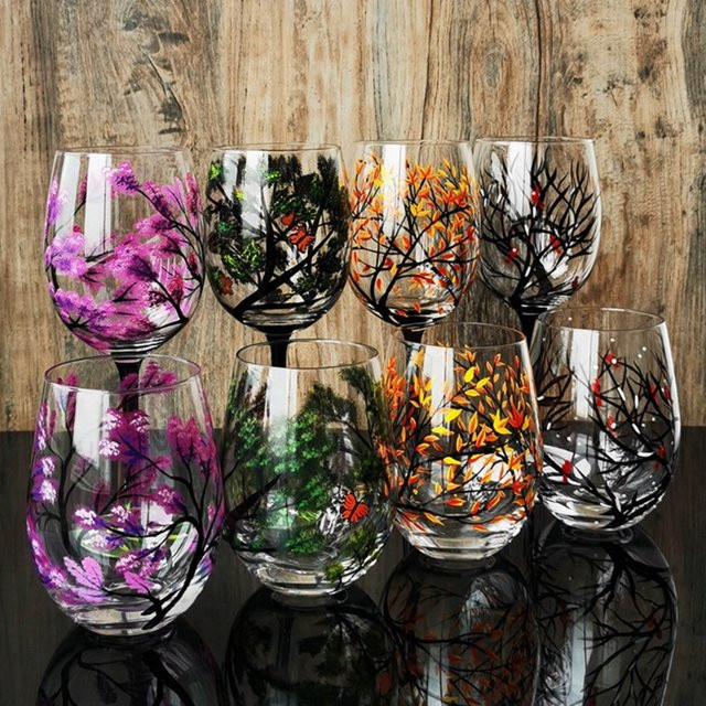 OOTDTY Gläser mit Vier-Jahreszeiten-Baum-Motiv, transparente runde Glasbecher für Wein, Bier und Cocktails - Bild 1