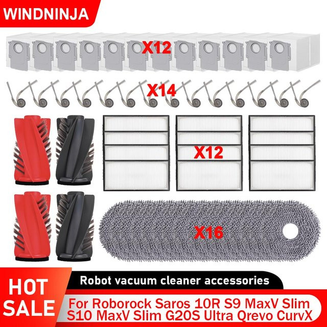 WINDNINJA Ersatzteil-Set mit Wischbeuteln, Bürsten und Filtern für Roborock Saros 10R, Saros 20, Qrevo Curv 2 Pro, Qrevo CurvX, S9 MaxV Slim, S10 MaxV Slim und G20S Ultra in Multicolour - Bild 1
