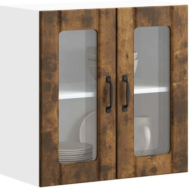 Küchen-Hängeschrank Lucca von vidaxl mit Glastür aus Holzwerkstoff in Räuchereiche Braun und Grau im Industrial-Design, B: 60 cm, H: 60 cm, T: 31 cm - Bild 1