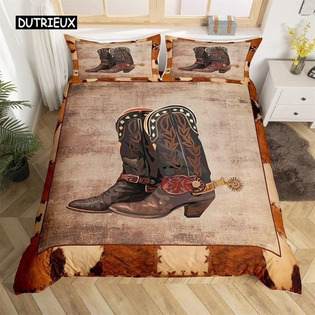 Western Cowboy Bettwäsche Set mit Rindsleder Patchwork und floralem Design, Braun, B/H: 135 x 200 cm - Bild 1