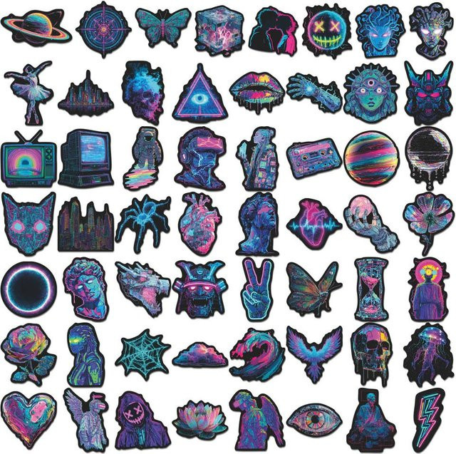56 Stück Cyberpunk Neon Aufkleber aus PVC im Multicolour-Design für dein Journal und DIY Notizbuch von AnimeWorlds Store - Bild 1