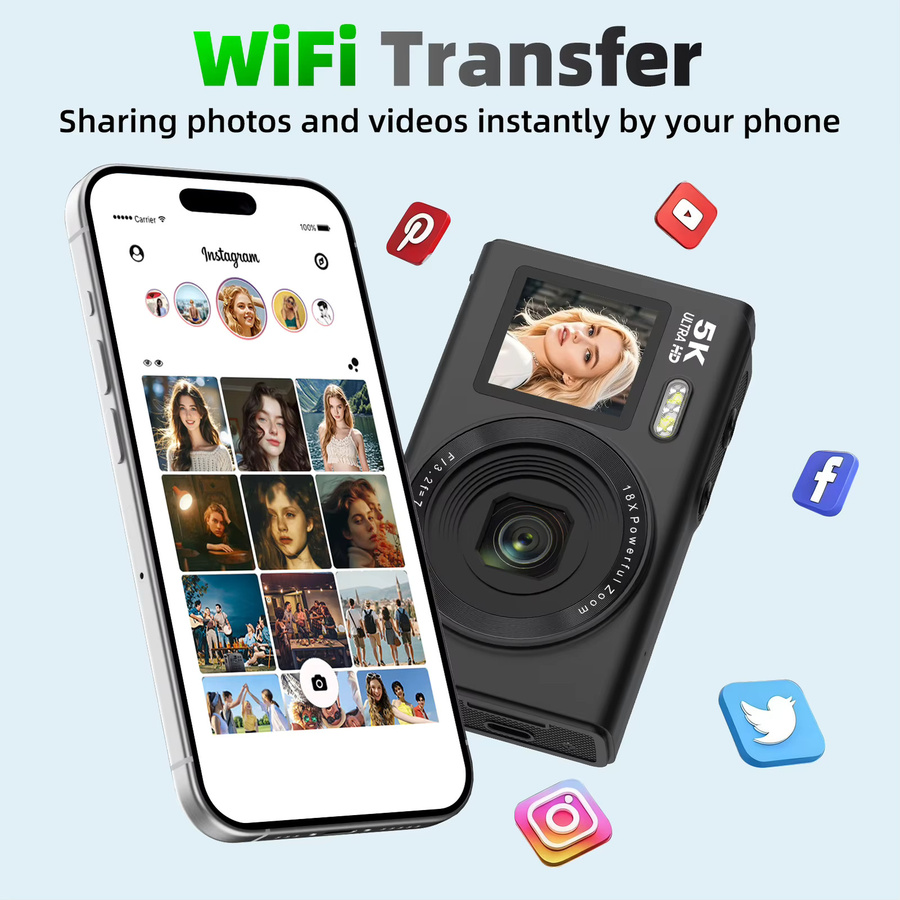 Ourlife Digitalkamera 5K 80MP mit 18X Digitalzoom und Dual-Bildschirm, Kompaktkamera mit WIFI in Schwarz - Bild 4