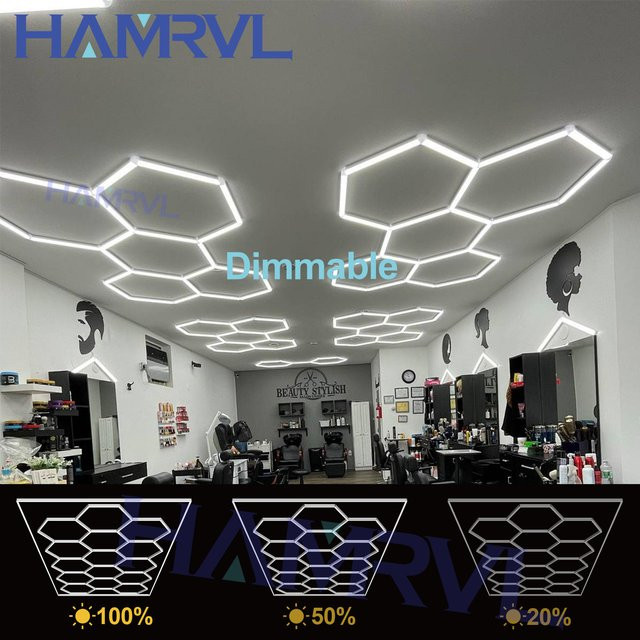 HAMRVL LED Garagenlampe mit Wabenstruktur in Weiß, dimmbare sechseckige Deckenleuchte für Werkstatt, Showroom und Fitnessstudio - Bild 1