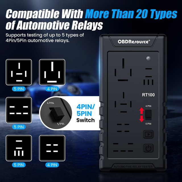 Automotive Relais Tester RT100 für 12V und 24V mit 4-Pin und 5-Pin Buchse, Schwarz - Bild 1