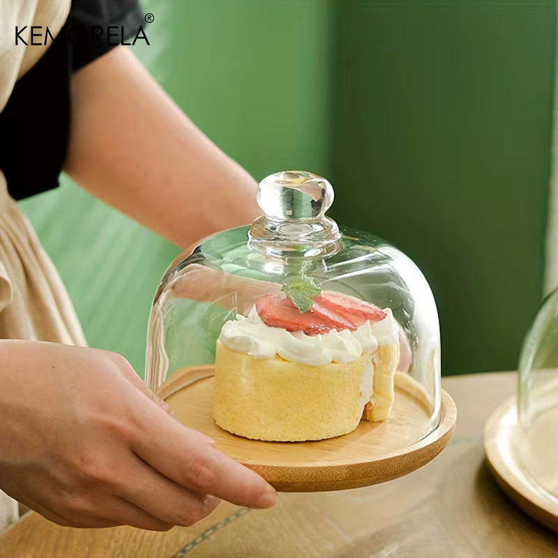 KEMORELA Bambus-Kuchenständer mit Glasdeckel als staubdichtes Serviertablett für Desserts, Obst und Snacks - Bild 3