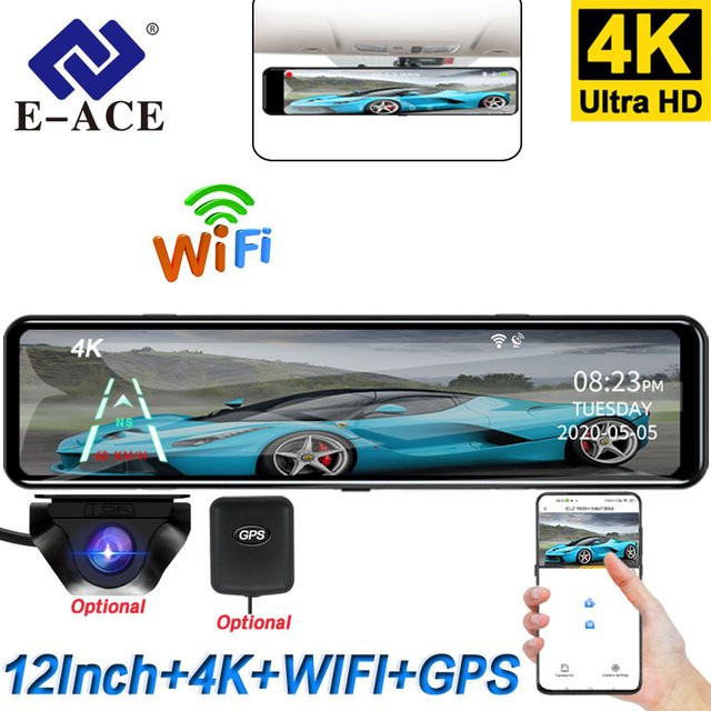 E-ACE 4K WIFI Dashcam Rückspiegel-Rekorder mit 12-Zoll Display und Sony Rückfahrkamera in Schwarz - Bild 1