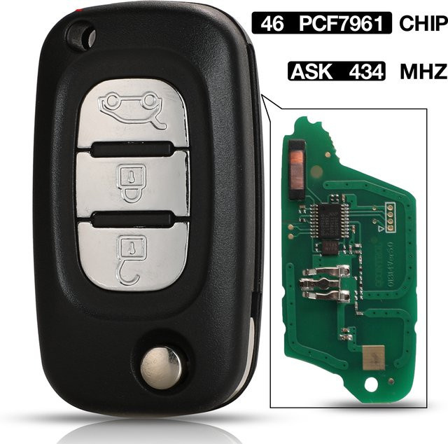 Jingyuqin Ersatzfernbedienung ID46 Flip Remote Key für Renault Clio III, Kangoo, Master und Twingo (2006-2016), 433/434 MHz, 3 Tasten, Schwarz - Bild 1