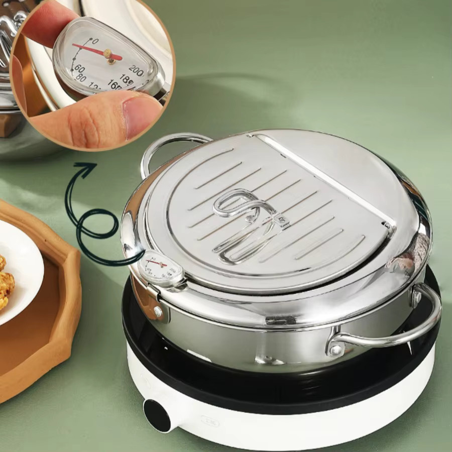 Japanischer Frittiertopf aus Edelstahl mit Thermometer und Deckel von BAIJL, Silber - Bild 3