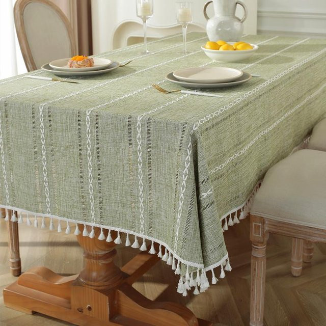 JMG Household Supplies Tischdecke aus Baumwolle und Leinen mit 3D-Muster und Quasten, grün, B/T: 140 x 300 cm - Bild 1
