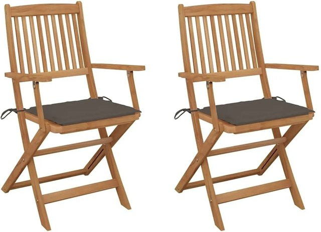 Set aus 2 klappbaren Gartenstühlen von vidaXL aus geöltem Akazienholz mit Kissen in Taupe und Braun - Bild 1