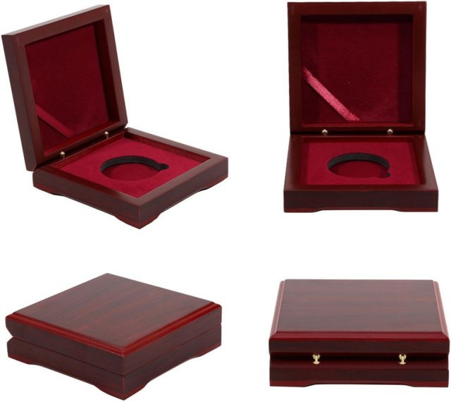 Challenge Coin Holz-Präsentationsbox in Dunkelrot mit Samt-Inlay für 1,65-Zoll-Münzen und Auszeichnungen - Bild 1
