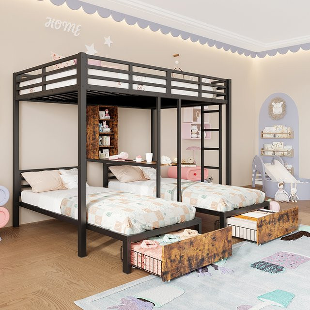 KOMHTOM 3-in-1 Etagenbett für 3 Personen aus Metall mit Seitengittern, Staufächern, 2 Schubladen und Regalen, Schwarz, B/T/H: 140 x 200 cm + 90 x 200 cm - Bild 1