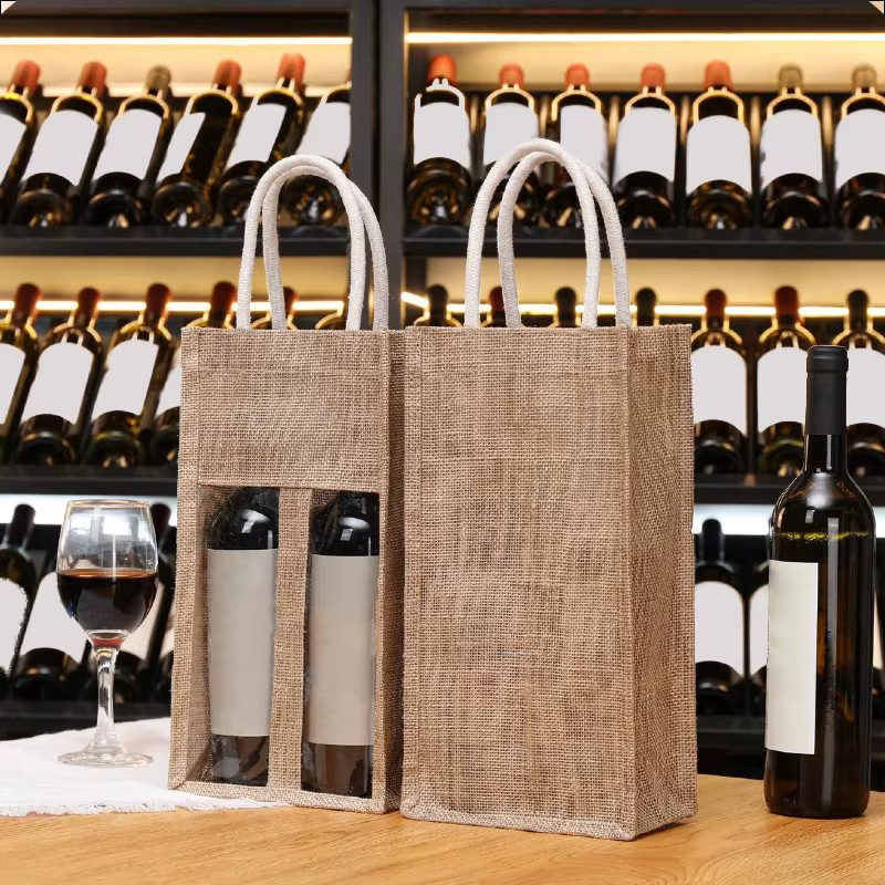 Geschenkbox für Rotwein und Champagner mit Fenster und Griff, braune Jute-Optik aus Papier, ideal für Hochzeiten und Gastgeschenke - Bild 4