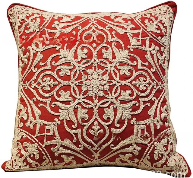 Handbestickte runde Kissenhülle im Boho Stil von JMG Clothing, Farbe: Beige/Rot, Durchmesser: 50 cm - Bild 1