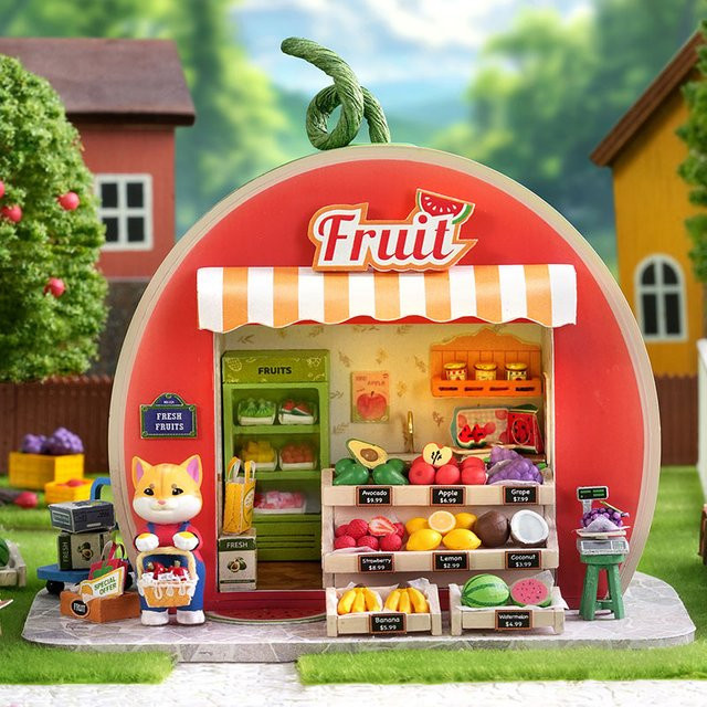 zuuton DIY Miniatur-Wassermelonen-Fruchtladen, Puppenhaus-Set, 3D-Puzzle, mit LED-Beleuchtung - Bild 1