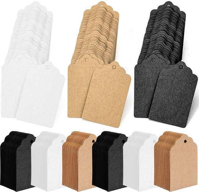 100 Stück wellenförmige Papieretiketten aus Kraftpapier in Braun und Multicolour als Blanko-Preisschilder für Kleidung und Geschenke - Bild 1