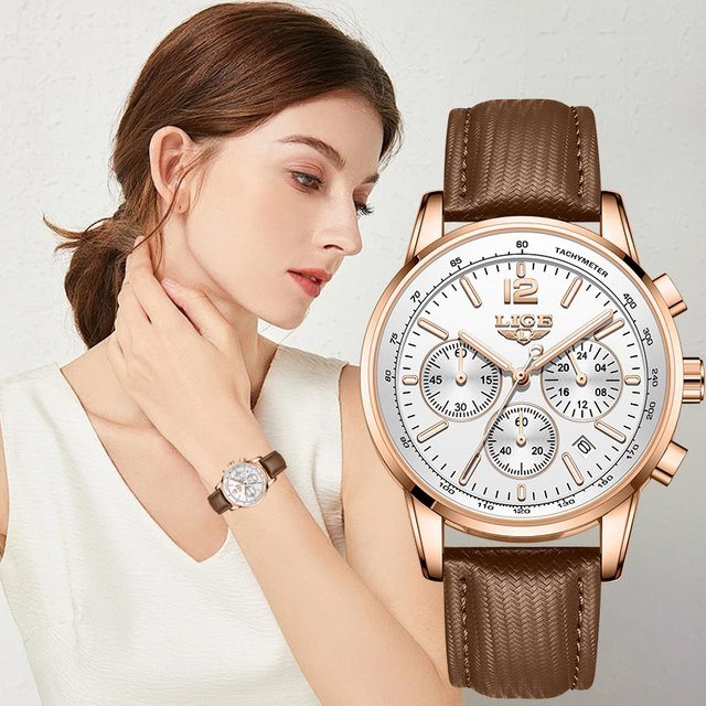 LIGE Armbanduhr Damen, Quarz, Roségold, Silikon, Datum, Weiß - Bild 1