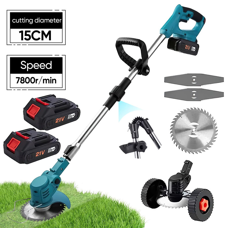 Kabelloser elektrischer Rasenmäher und Rasentrimmer in Blau für Makita 21V Akku mit 7800/min und verstellbarer Höhe von 100 bis 135 cm - Bild 6