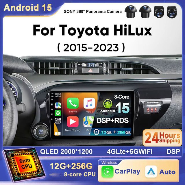 TIEYEZ Android 15 Autoradio für Toyota Hilux LHD (2015-2020) mit Carplay und Video Audio A/V Kopf Einheit in Schwarz - Bild 1