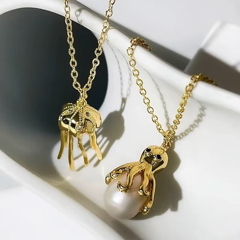 SLOONGJEWELRY Halskette, vergoldet, Süßwasserperlen, Oktopus-Anhänger, Unisex - Bild 4