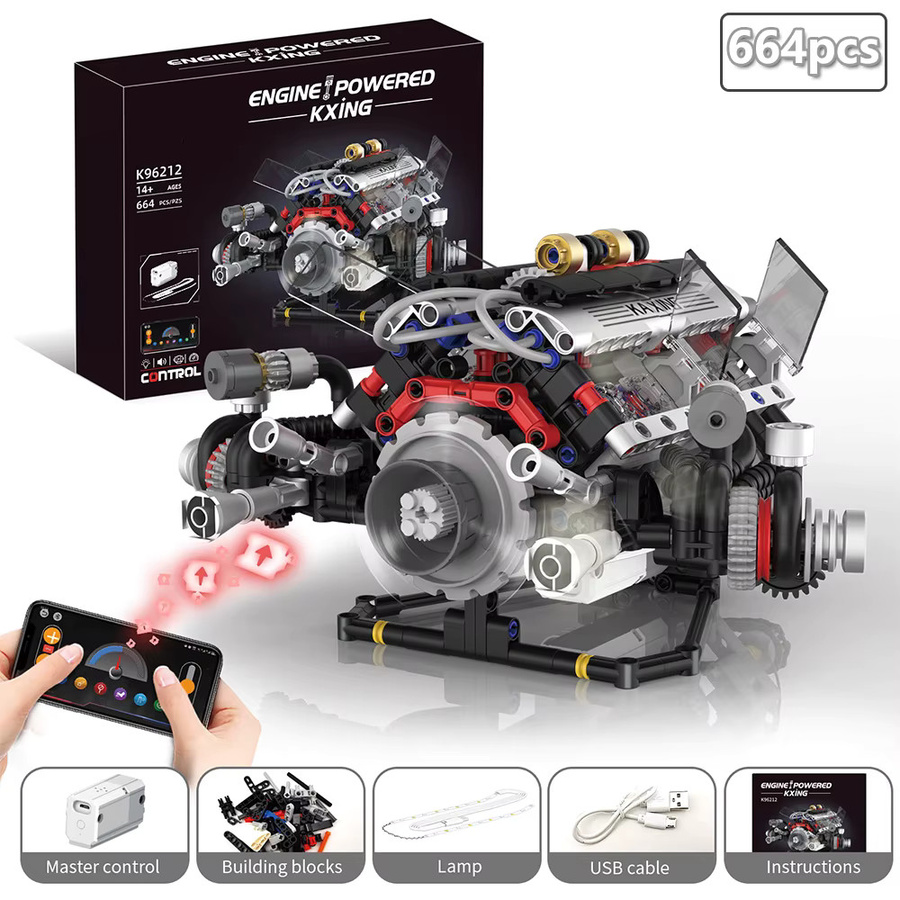 Wishiot K96212 F+1 Supercar V8 Motor DIY Modellbausatz mit 664 Bausteinen, LED Licht und App-Steuerung, Mehrfarbig - Bild 5